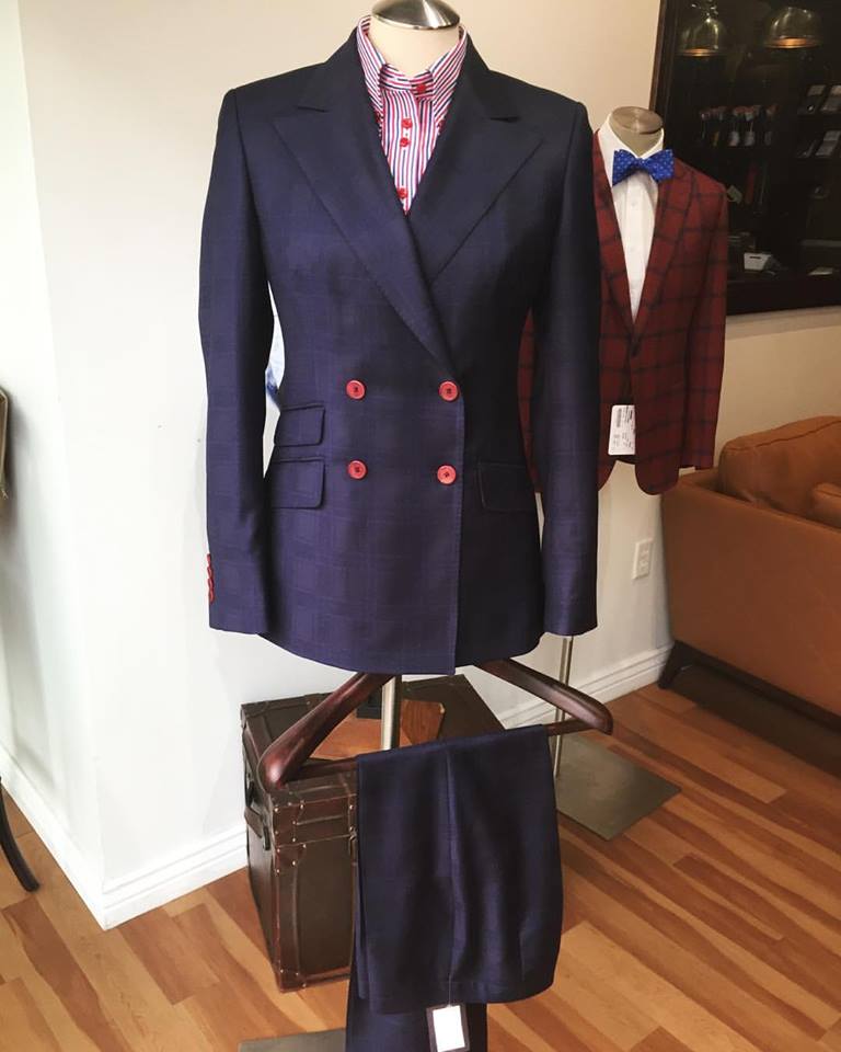 women's double breasted suit plaid navy